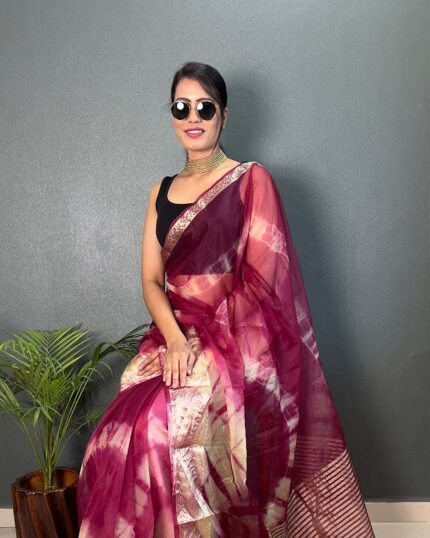 Wine Color Pure Kanchi Organza Jacquard Full Worked Saree With Blouse & Silk Border - Navshtri Family