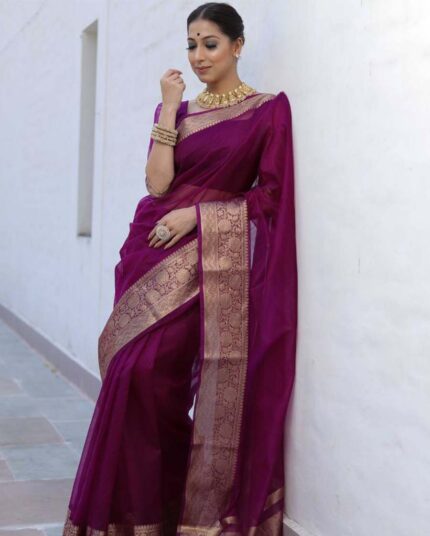 Wine Colour New Collection Pure Kanchi Organza Jacquard Full Worked Saree With Blouse & Silk Border - Navshtri Family