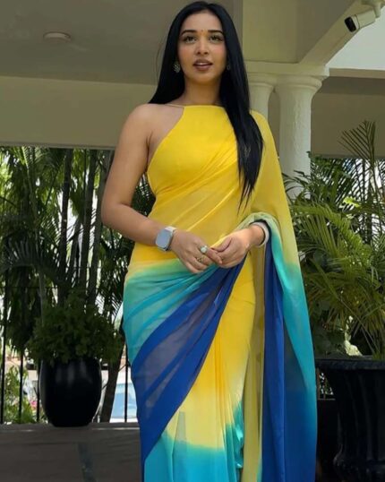 Yellow And Blue Colour 1-Minute Ready To Wear Georgette Saree With Blouse Piece - Navshtri Family