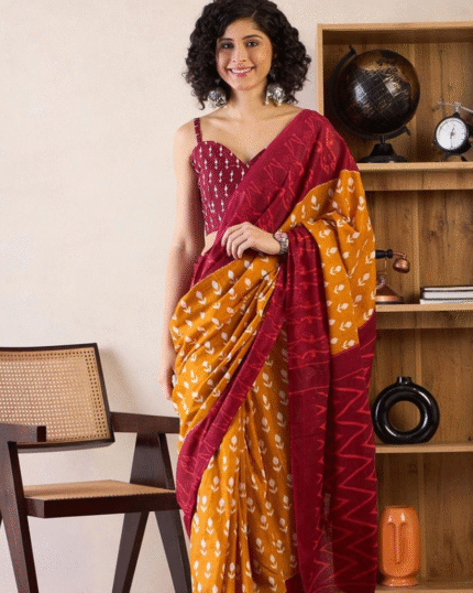 Yellow And Red Color Mulmul Cotton 1 - Minute Ready to Wear Saree with Pocket and Blouse Piece - Navshtri Family
