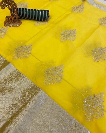 Yellow Color Kanchi Organza Jacquard Full Worked Saree for Indian Wedding With Full Embroidery Sequence Work Unsittch Blouse - Navshtri Family