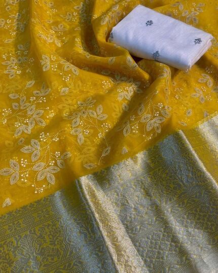 Yellow Color Kanchi Pure Organza Jacquard Full Worked Saree With Raw Silk Squence Work Blouse - Navshtri Family