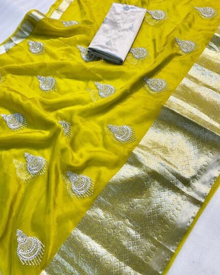 Yellow Color Premium Kanchi Organza Jacquard Full Worked Saree With Raw Silk Squence Work Blouse & Silk Border - Navshtri Family