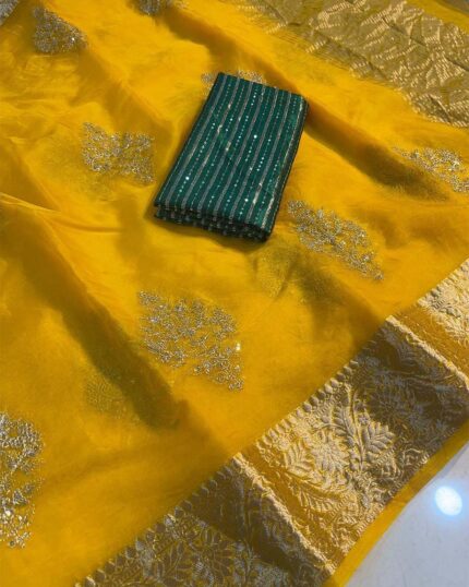 Yellow Color Pure Kanchi Organza Jacquard Full Worked Saree With Raw Silk Squence Work Blouse & Silk Border - Navshtri Family