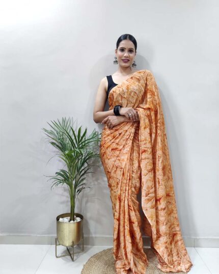 Yellow Color Ready to Wear Marbal Print Chinon Saree With Blouse - Navshtri Family