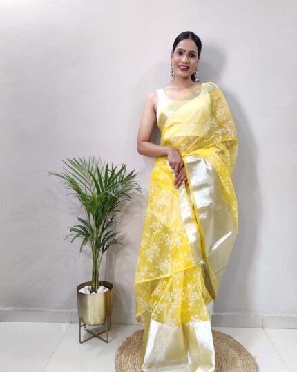 Yellow Color Ready to Wear Pure Kanchi Organza Jacquard Full Worked Saree With Blouse & Silk Border - Navshtri Family