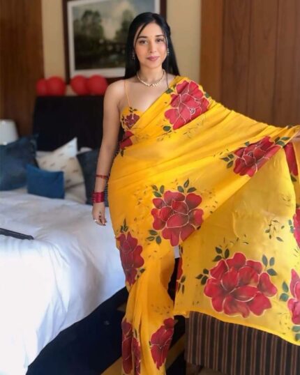 Yellow Colour 1-Minute Ready To Wear Georgette Saree With Blouse Piece - Navshtri Family