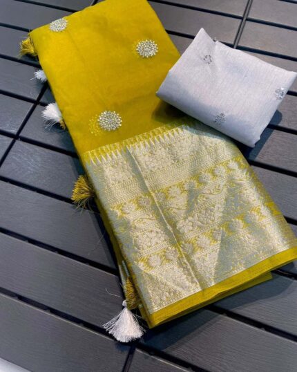 Yellow Colour Light Weight Pure Kanchi Organza Jacquard Full Worked Saree With Blouse & Silk Border - Navshtri Family