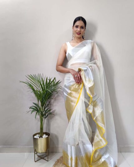 Yellow Colour New Design Pure Kanchi Organza Jacquard Full Worked Saree With Blouse & Silk Border - Navshtri Family