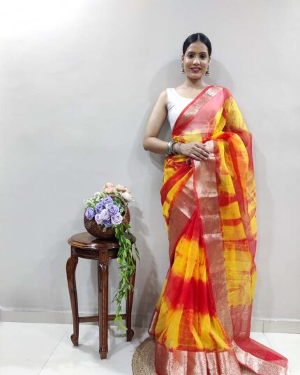 Yellow & Red Color Pure Soft Organza Saree with Pure Zari Weaving & Silk Border - Navshtri Family